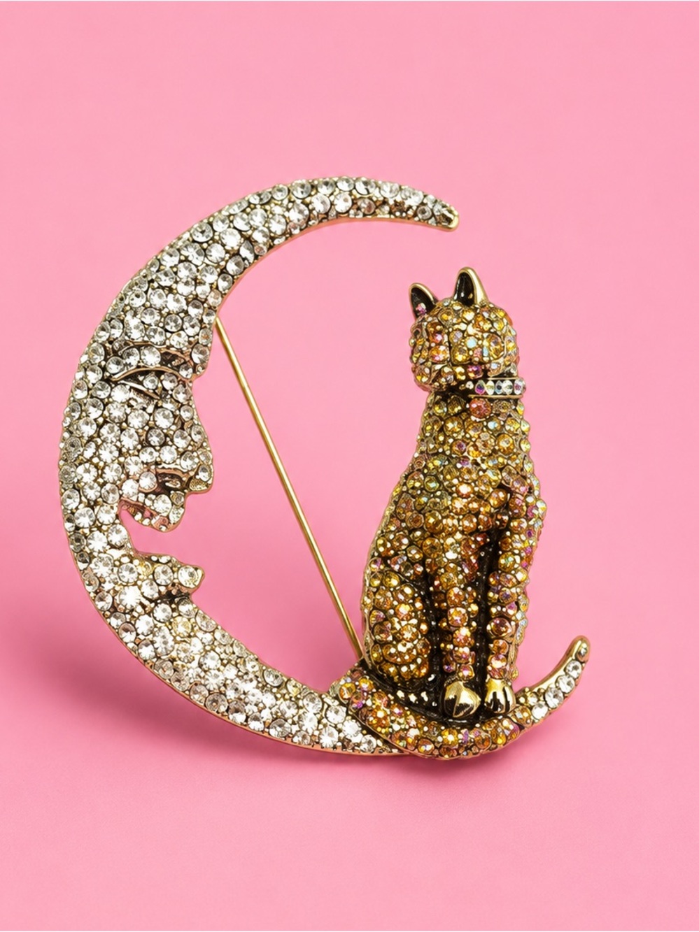 Moon Cat Crystal Brooch